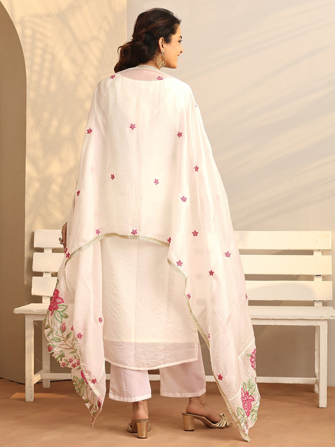 White Printed Organza Straight Kurta, Trousers and Dupatta Set