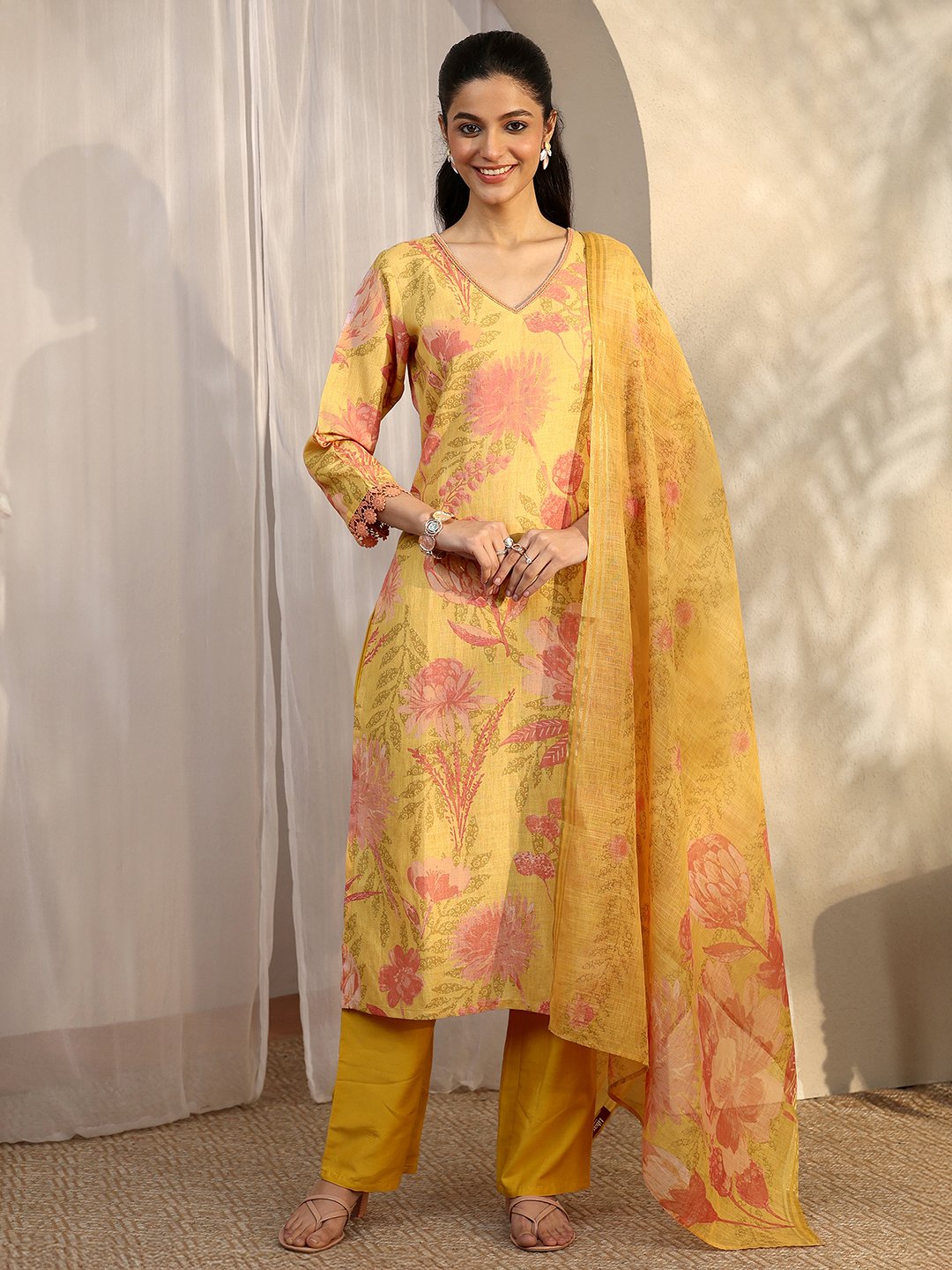 Mustard Printed Linen Straight Kurta, Trousers and Dupatta Set