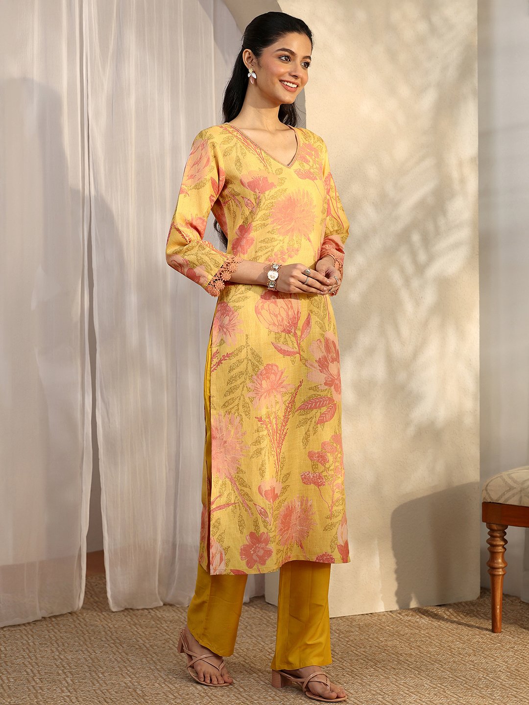 Mustard Printed Linen Straight Kurta, Trousers and Dupatta Set