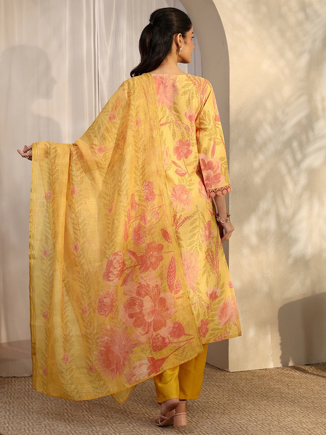 Mustard Printed Linen Straight Kurta, Trousers and Dupatta Set