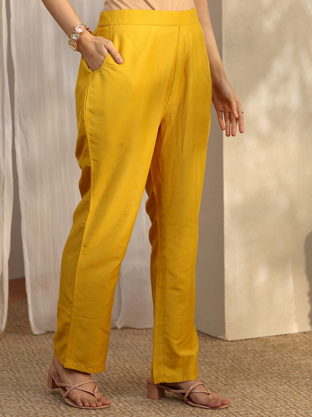 Mustard Printed Linen Straight Kurta, Trousers and Dupatta Set
