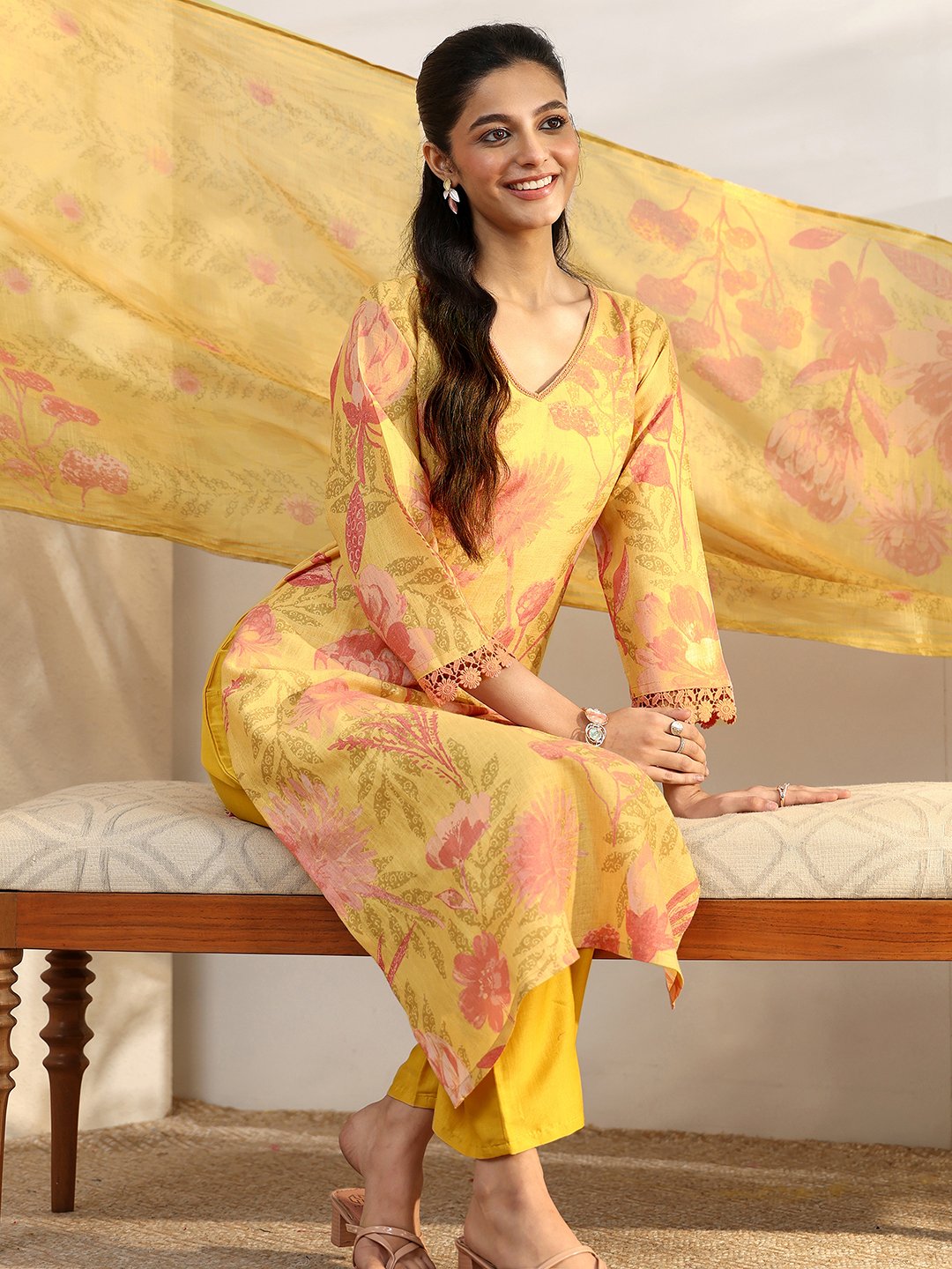 Mustard Printed Linen Straight Kurta, Trousers and Dupatta Set
