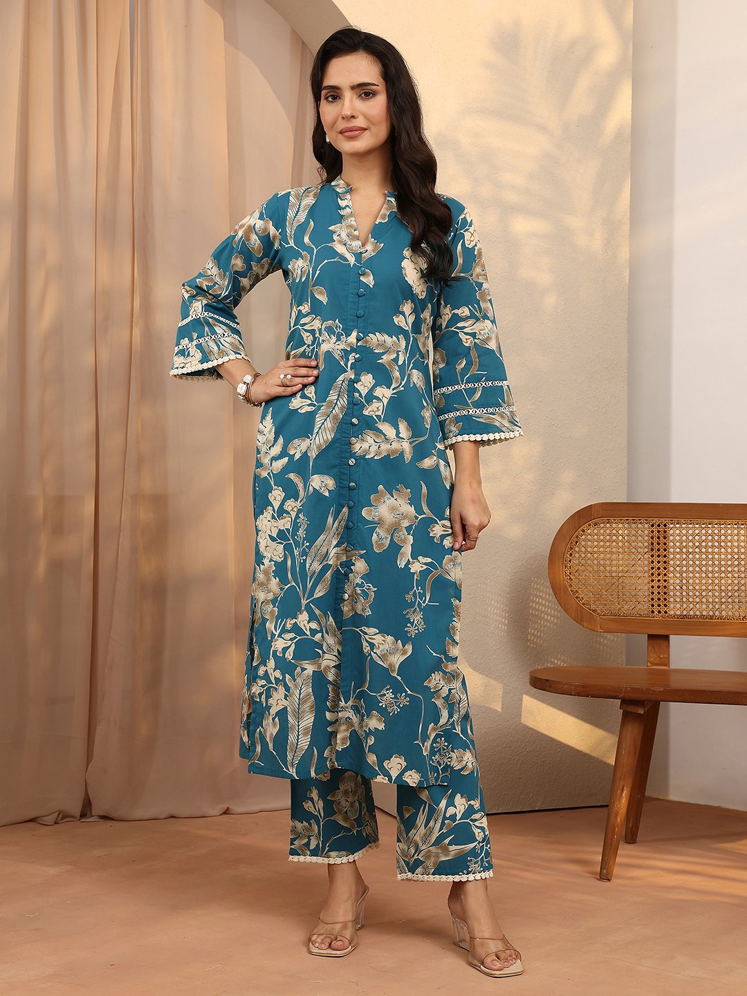 Blue Printed Cotton Straight Kurta and Trousers Set