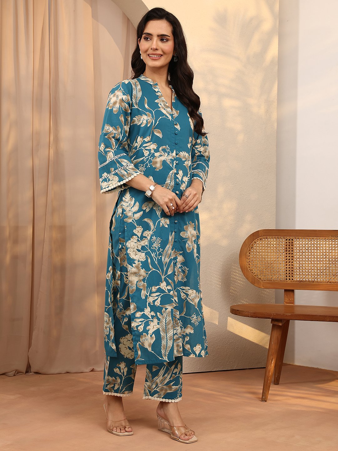 Blue Printed Cotton Straight Kurta and Trousers Set