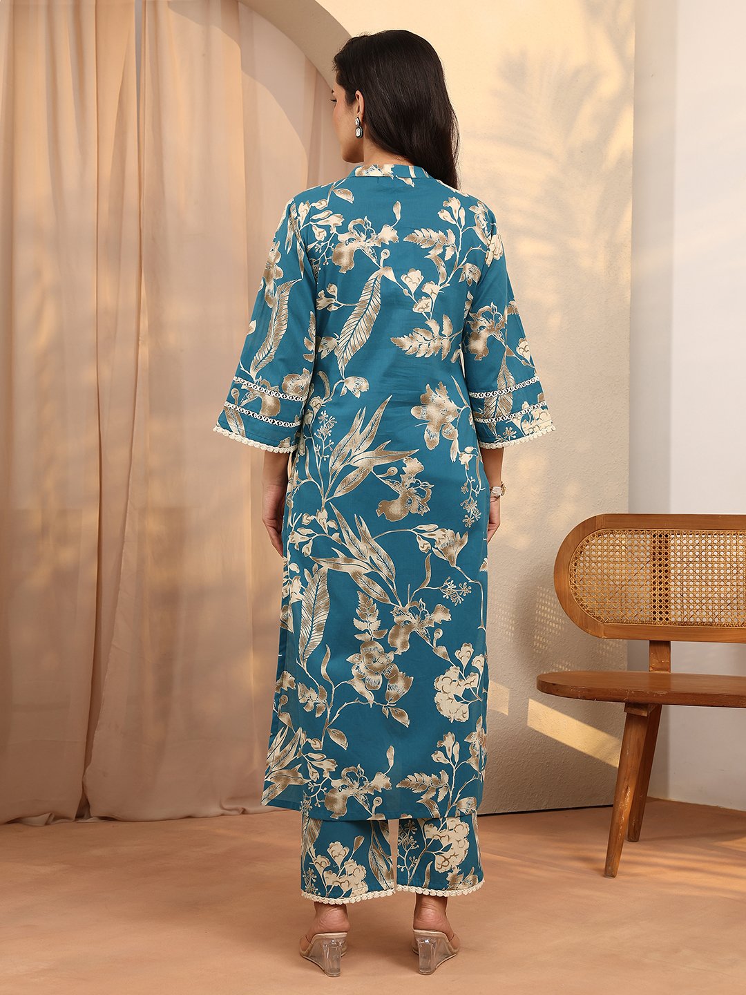 Blue Printed Cotton Straight Kurta and Trousers Set