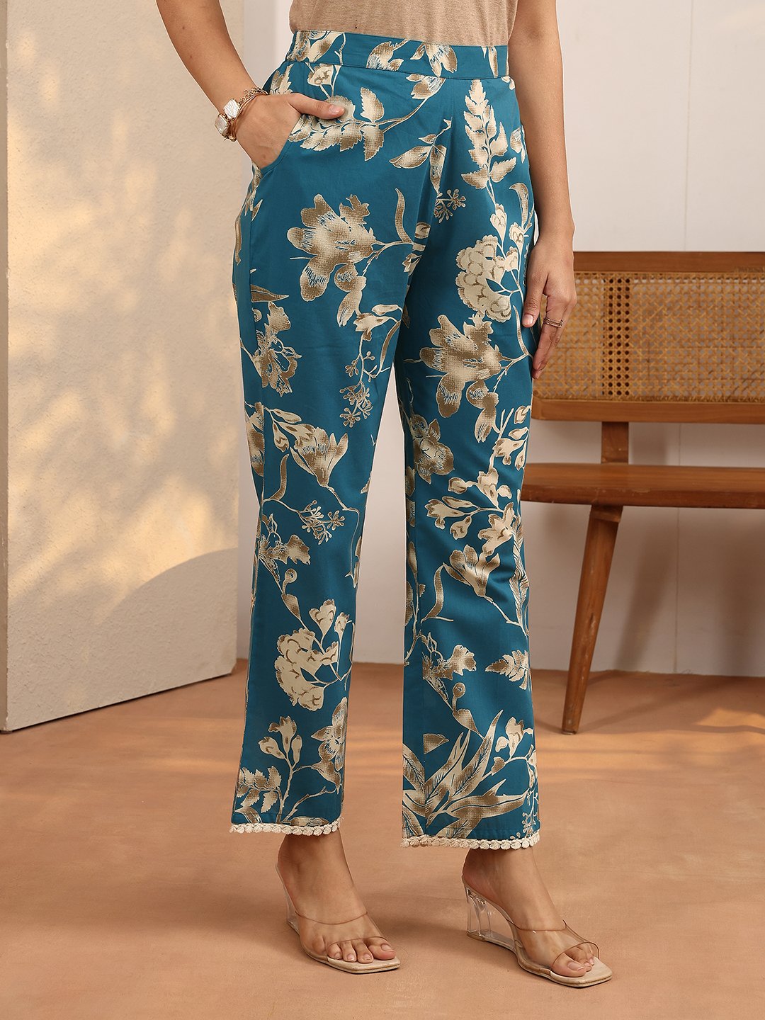 Blue Printed Cotton Straight Kurta and Trousers Set