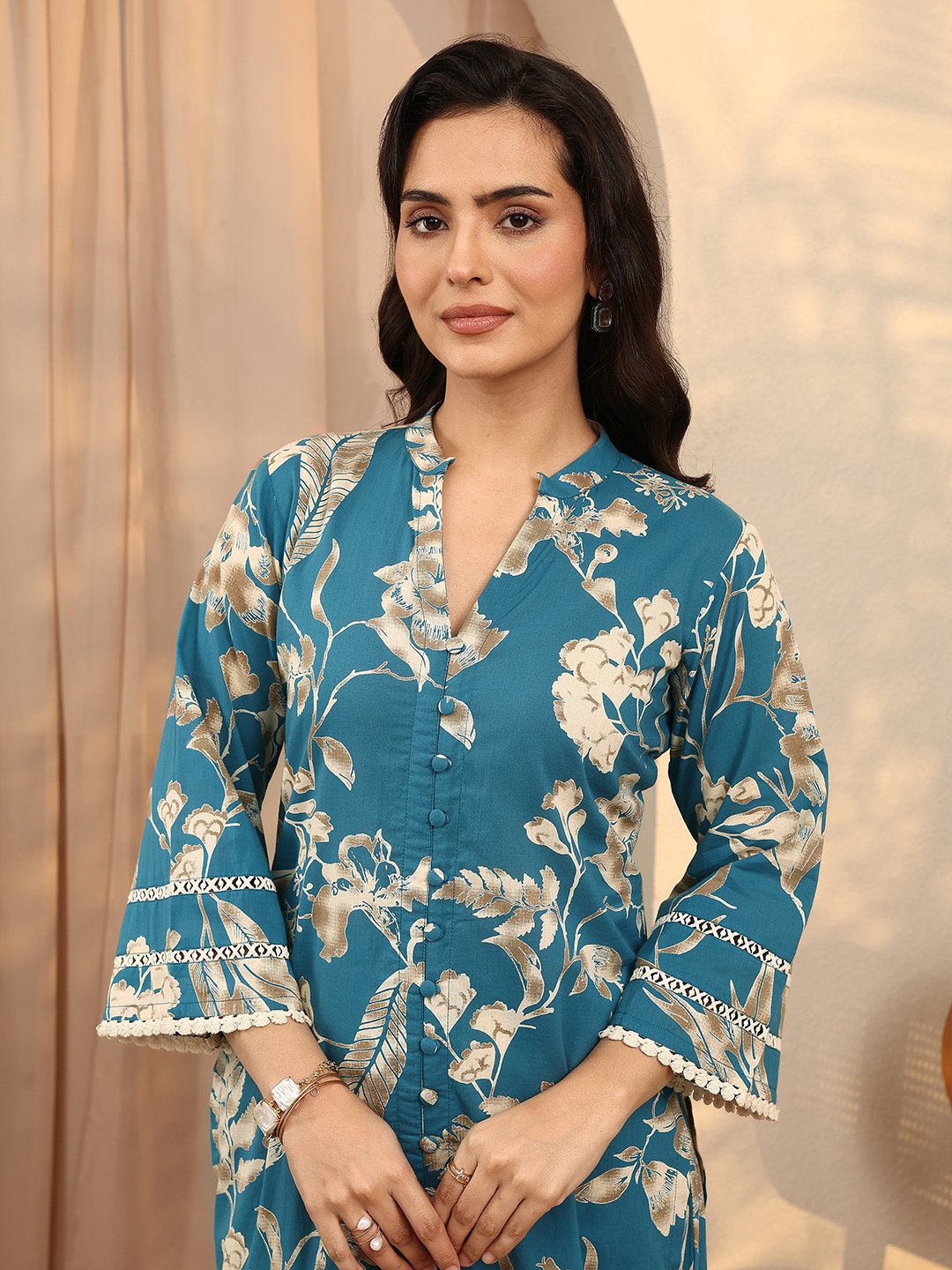 Blue Printed Cotton Straight Kurta and Trousers Set