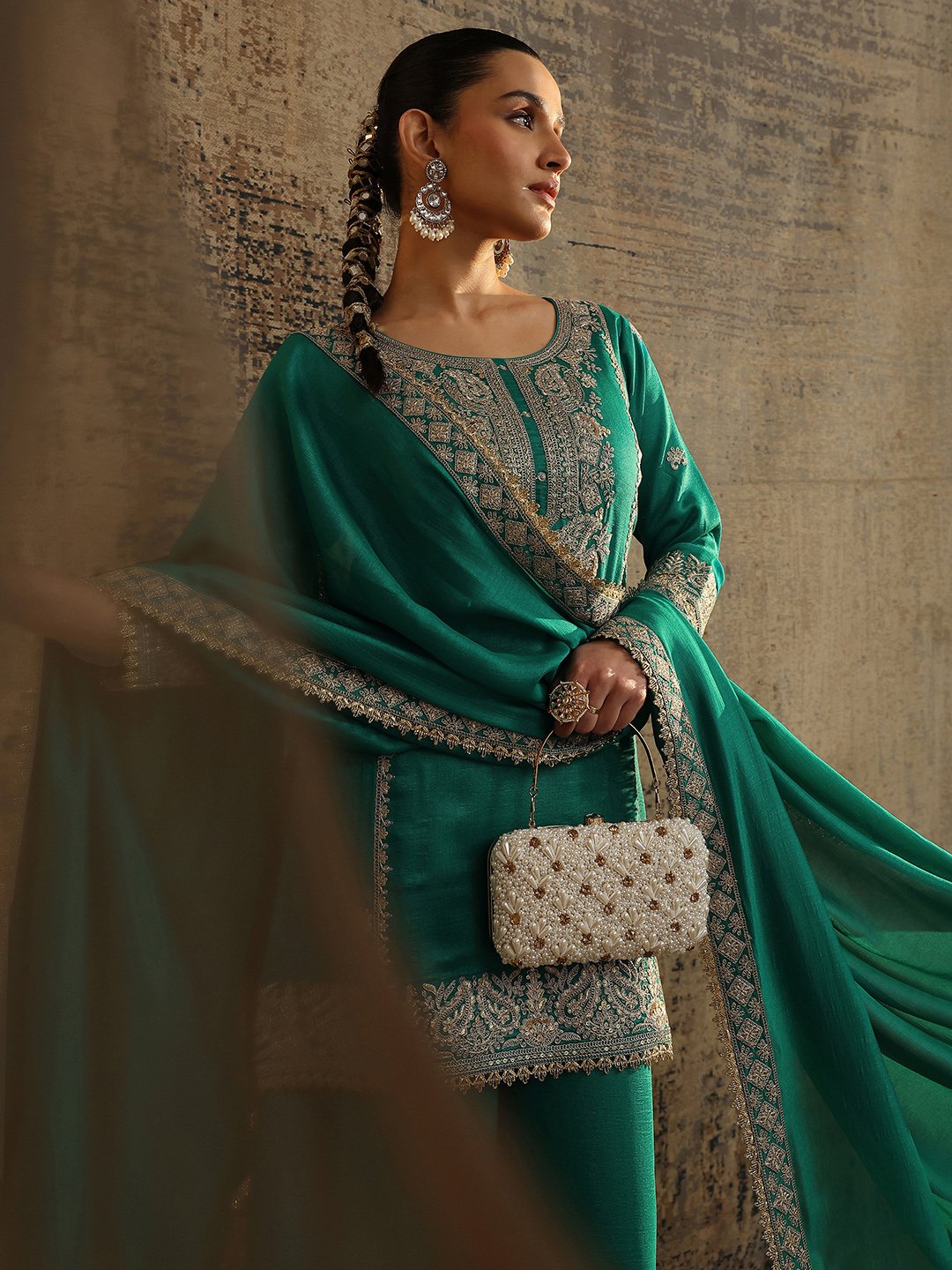 Embellished Organza Straight Kurta, Palazzos and Dupatta Set