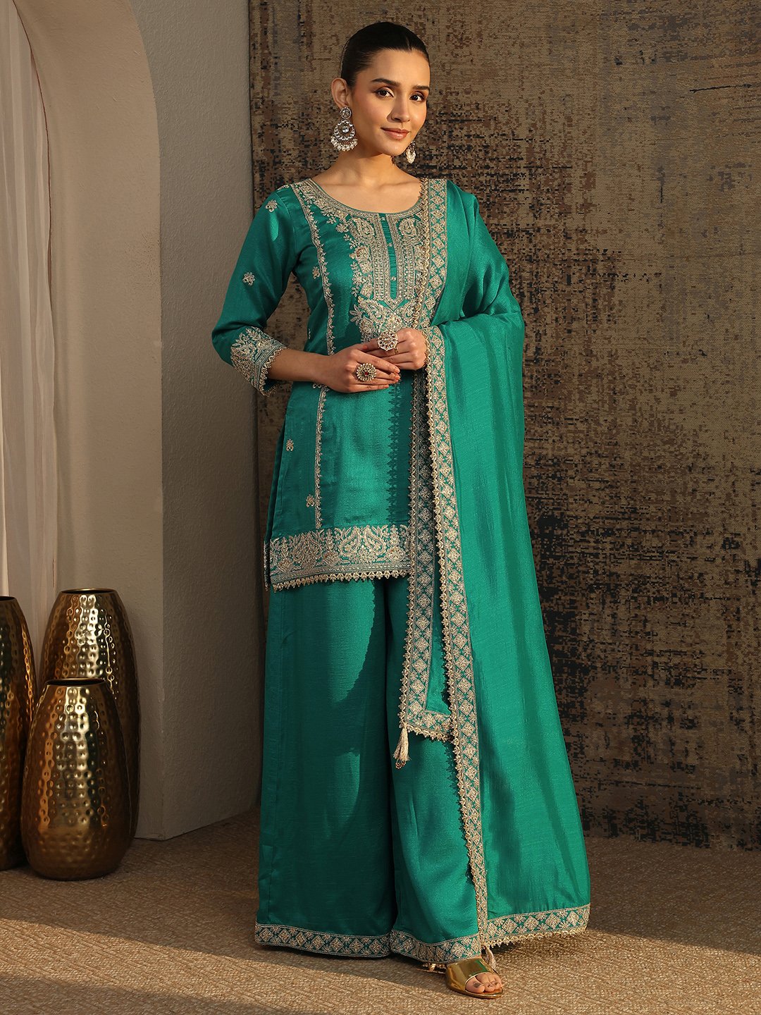 Embellished Organza Straight Kurta, Palazzos and Dupatta Set