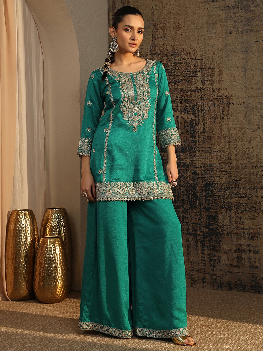Embellished Organza Straight Kurta, Palazzos and Dupatta Set