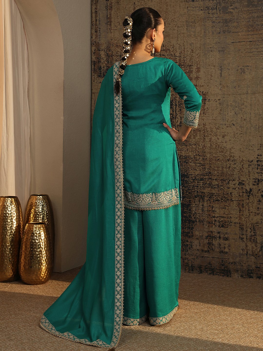 Embellished Organza Straight Kurta, Palazzos and Dupatta Set