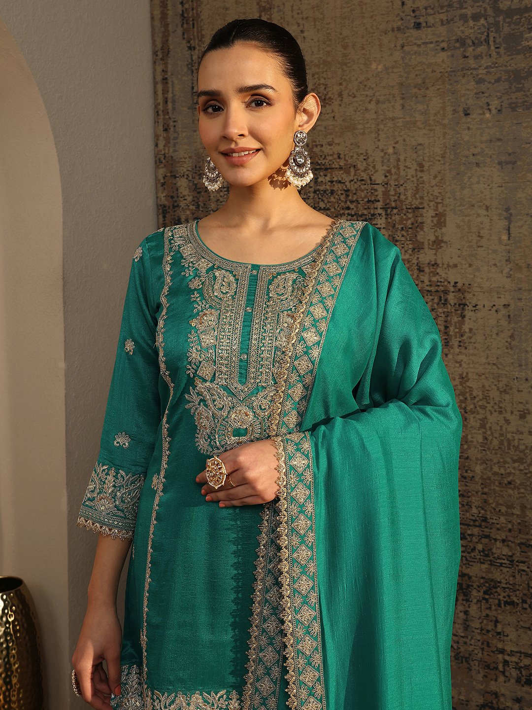 Embellished Organza Straight Kurta, Palazzos and Dupatta Set