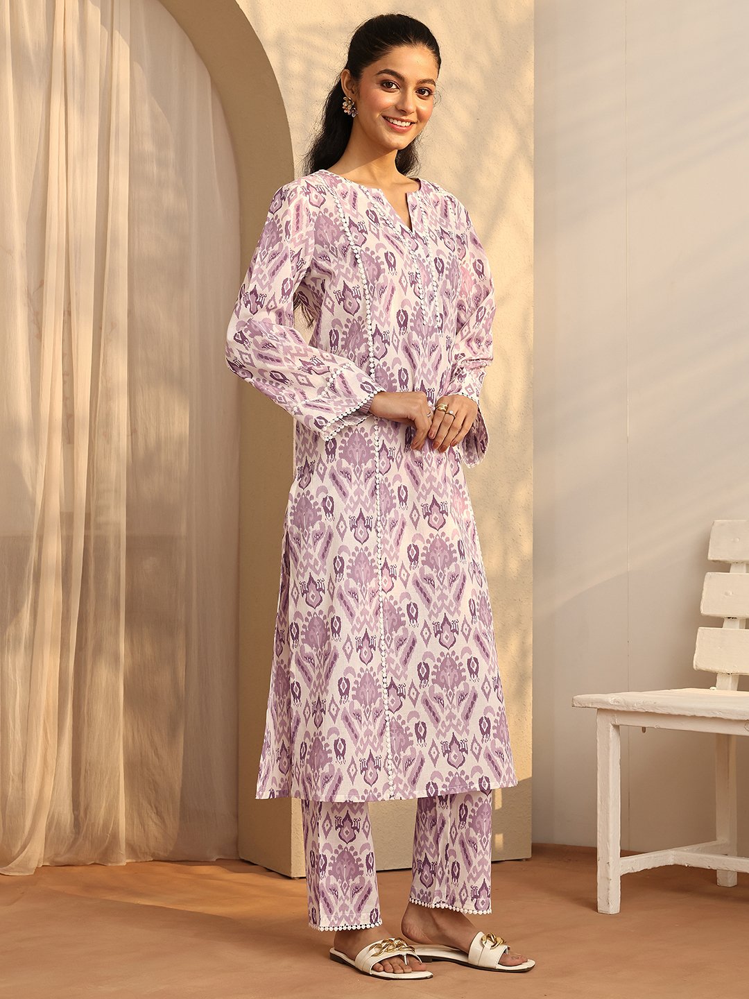 Purple Printed Cotton Straight Kurta and Trousers Set