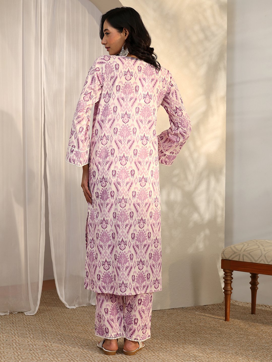 Purple Printed Cotton Straight Kurta and Trousers Set