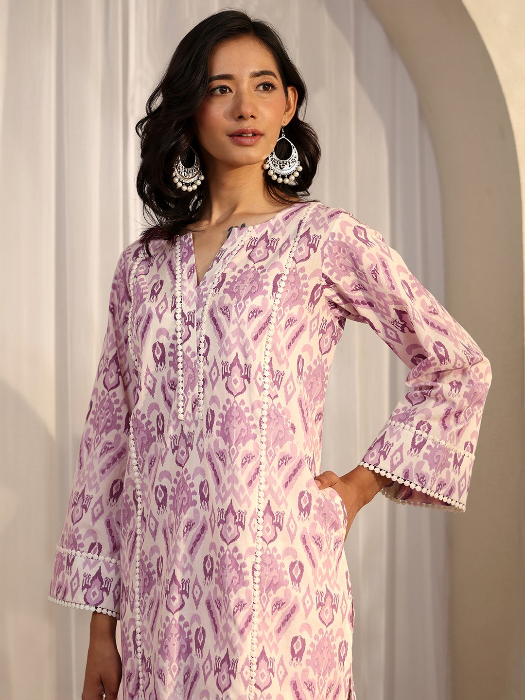 Purple Printed Cotton Straight Kurta and Trousers Set