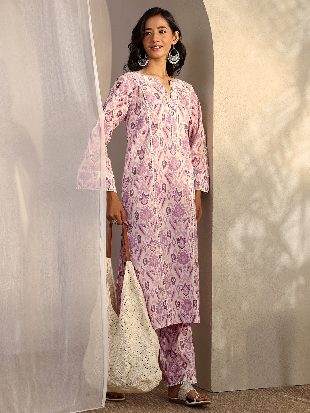 Purple Printed Cotton Straight Kurta and Trousers Set