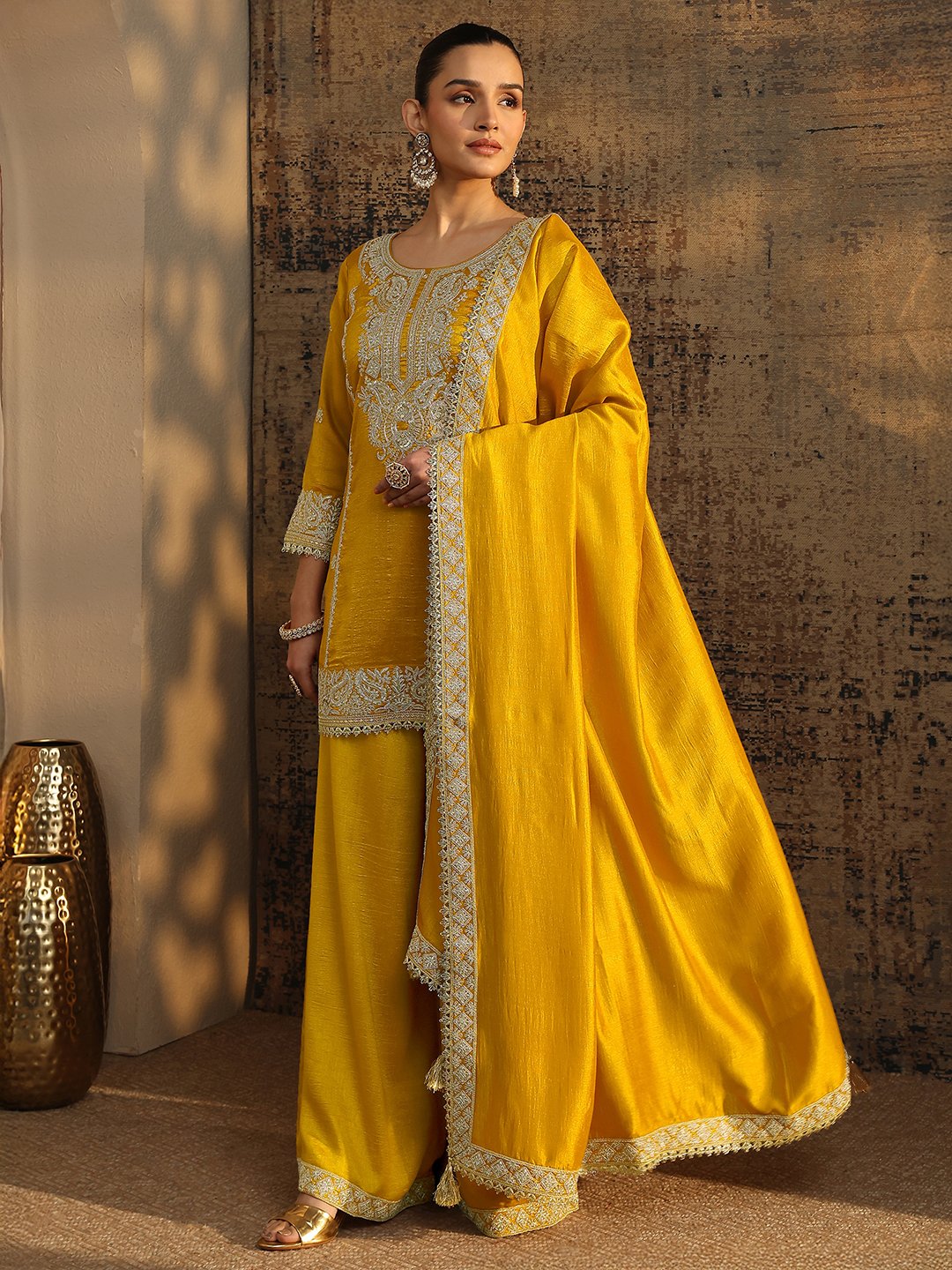 Mustard Organza Straight Kurta, Palazzos and Dupatta Set