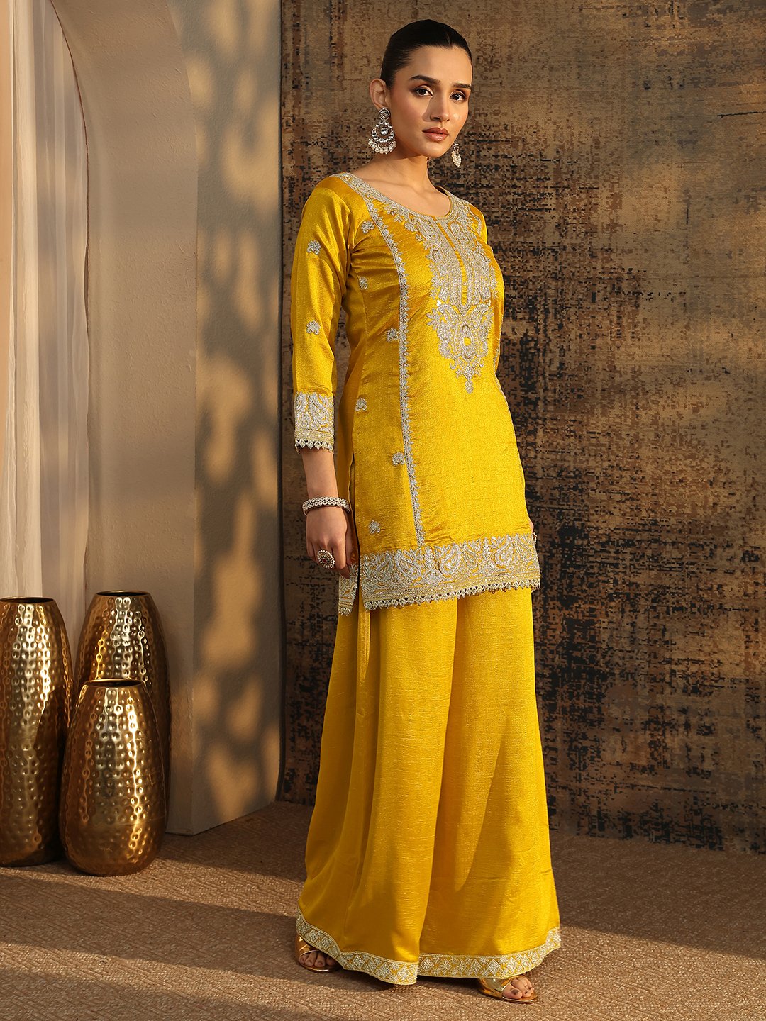 Mustard Organza Straight Kurta, Palazzos and Dupatta Set
