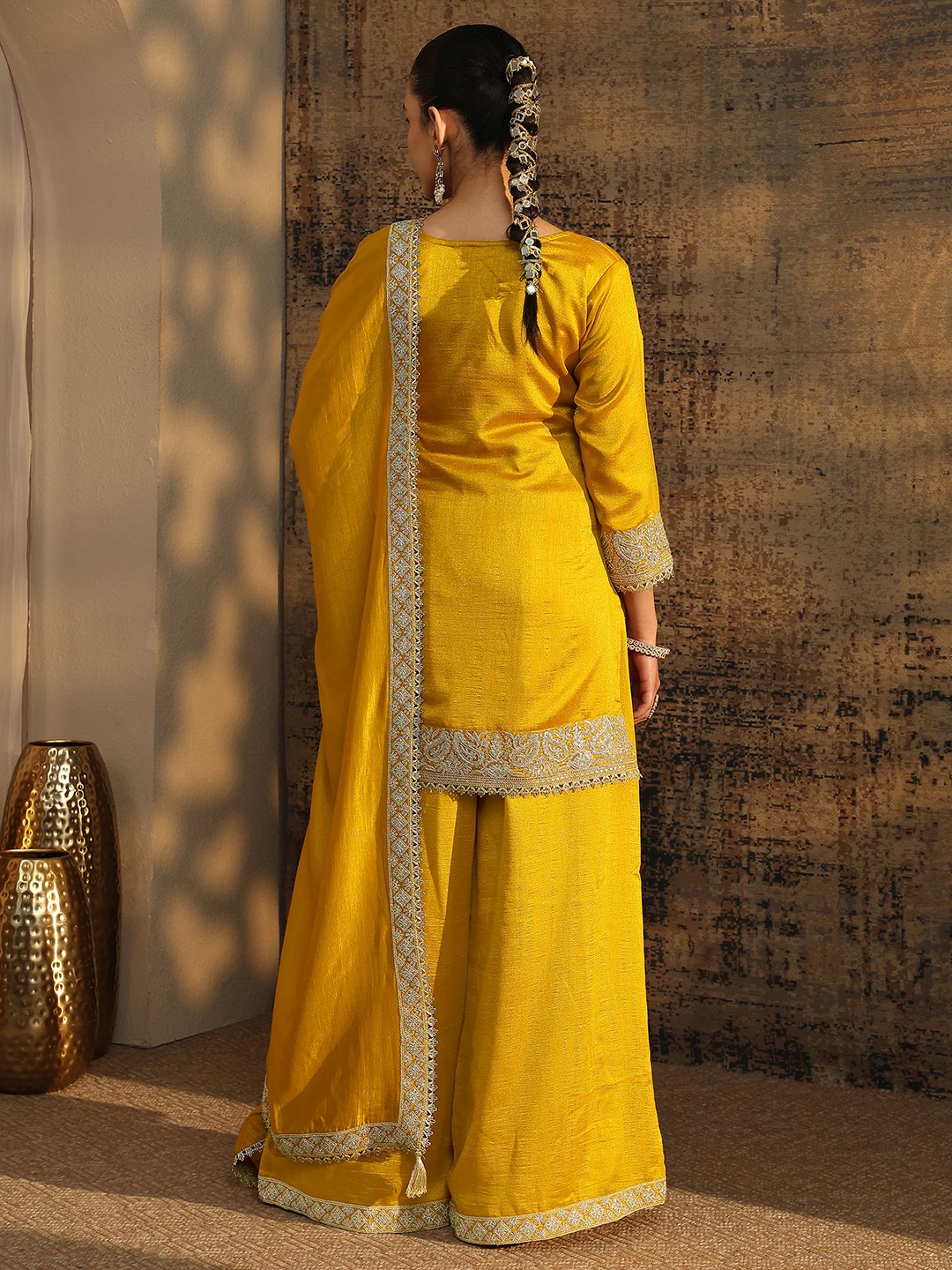 Mustard Organza Straight Kurta, Palazzos and Dupatta Set
