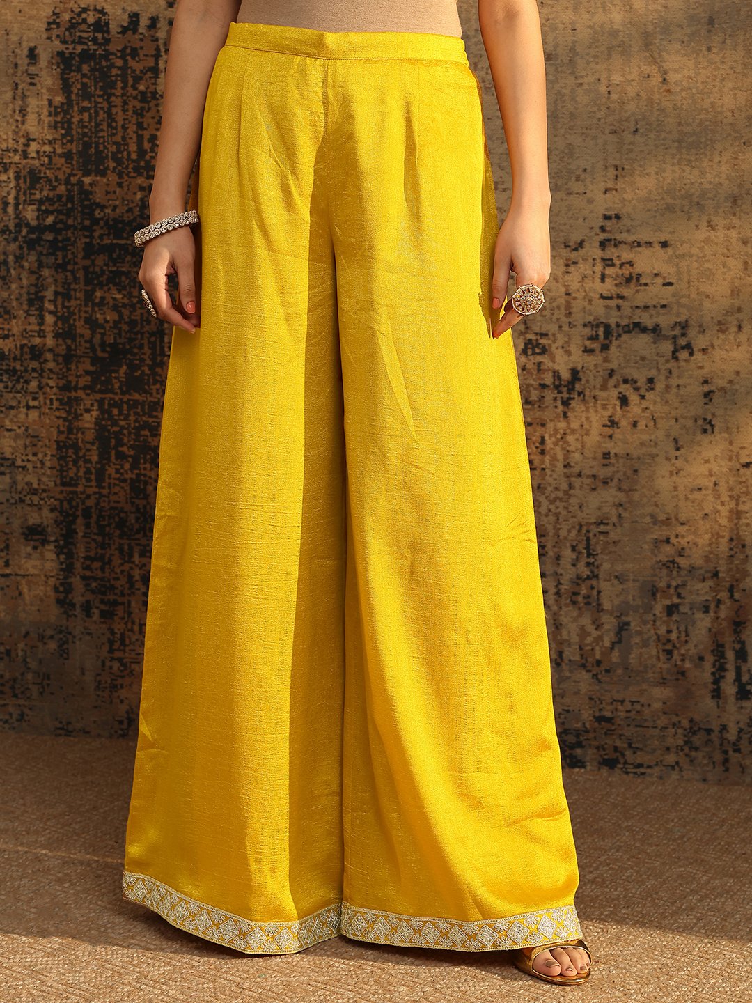 Mustard Organza Straight Kurta, Palazzos and Dupatta Set