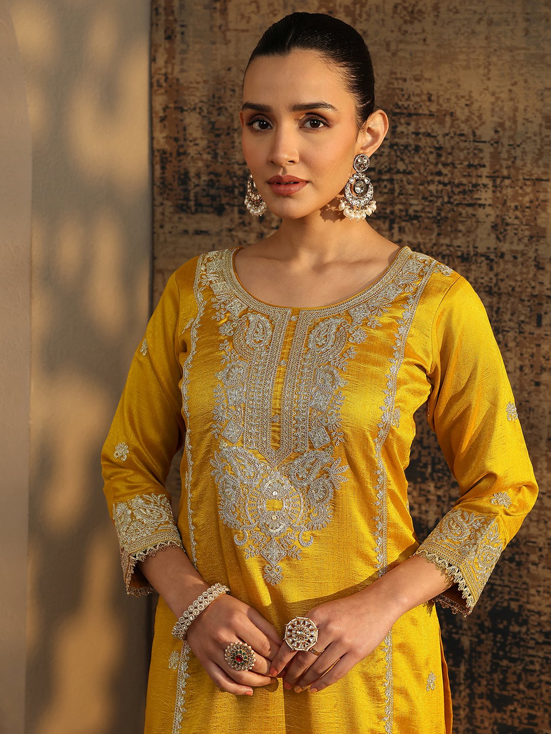 Mustard Organza Straight Kurta, Palazzos and Dupatta Set
