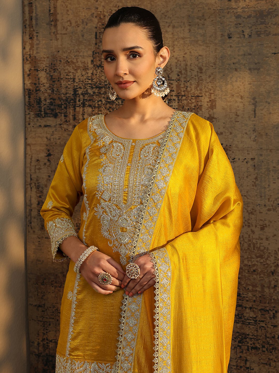 Mustard Organza Straight Kurta, Palazzos and Dupatta Set