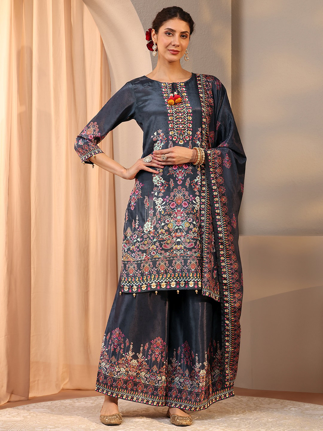 Grey Printed Chinon Straight Kurta, Palazzos and Dupatta Set