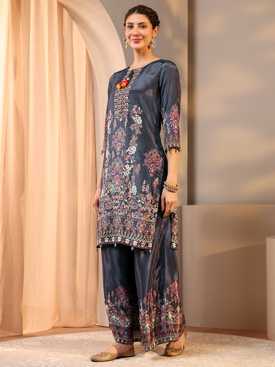 Grey Printed Chinon Straight Kurta, Palazzos and Dupatta Set