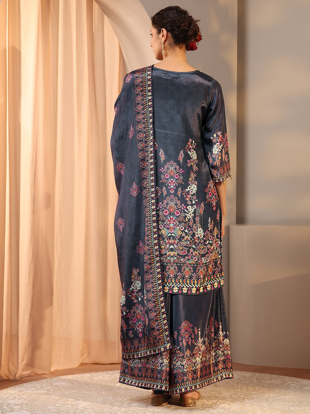 Grey Printed Chinon Straight Kurta, Palazzos and Dupatta Set