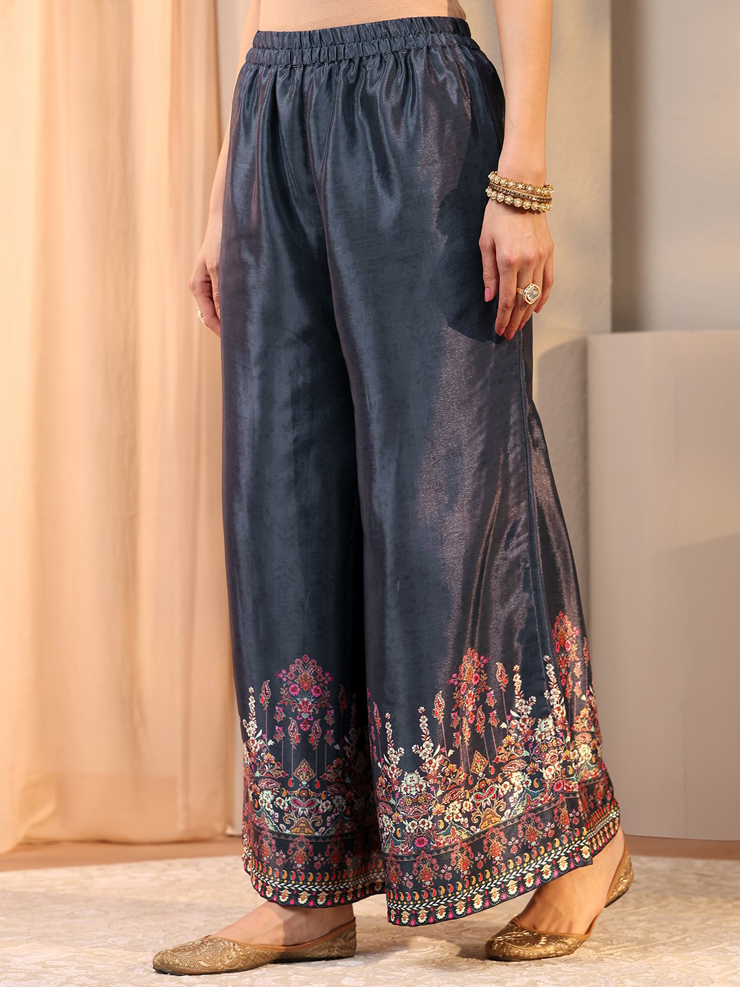 Grey Printed Chinon Straight Kurta, Palazzos and Dupatta Set