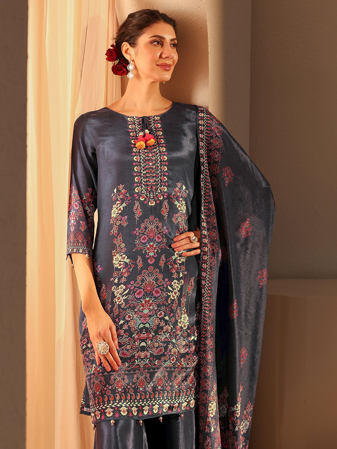 Grey Printed Chinon Straight Kurta, Palazzos and Dupatta Set