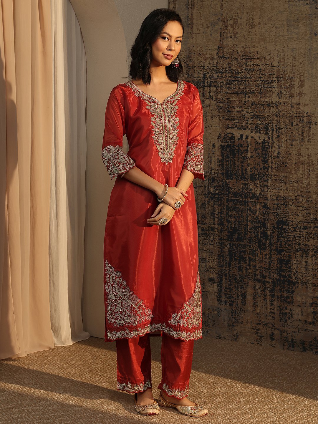 Rust Printed Organza Straight Kurta, Trousers and Dupatta Set