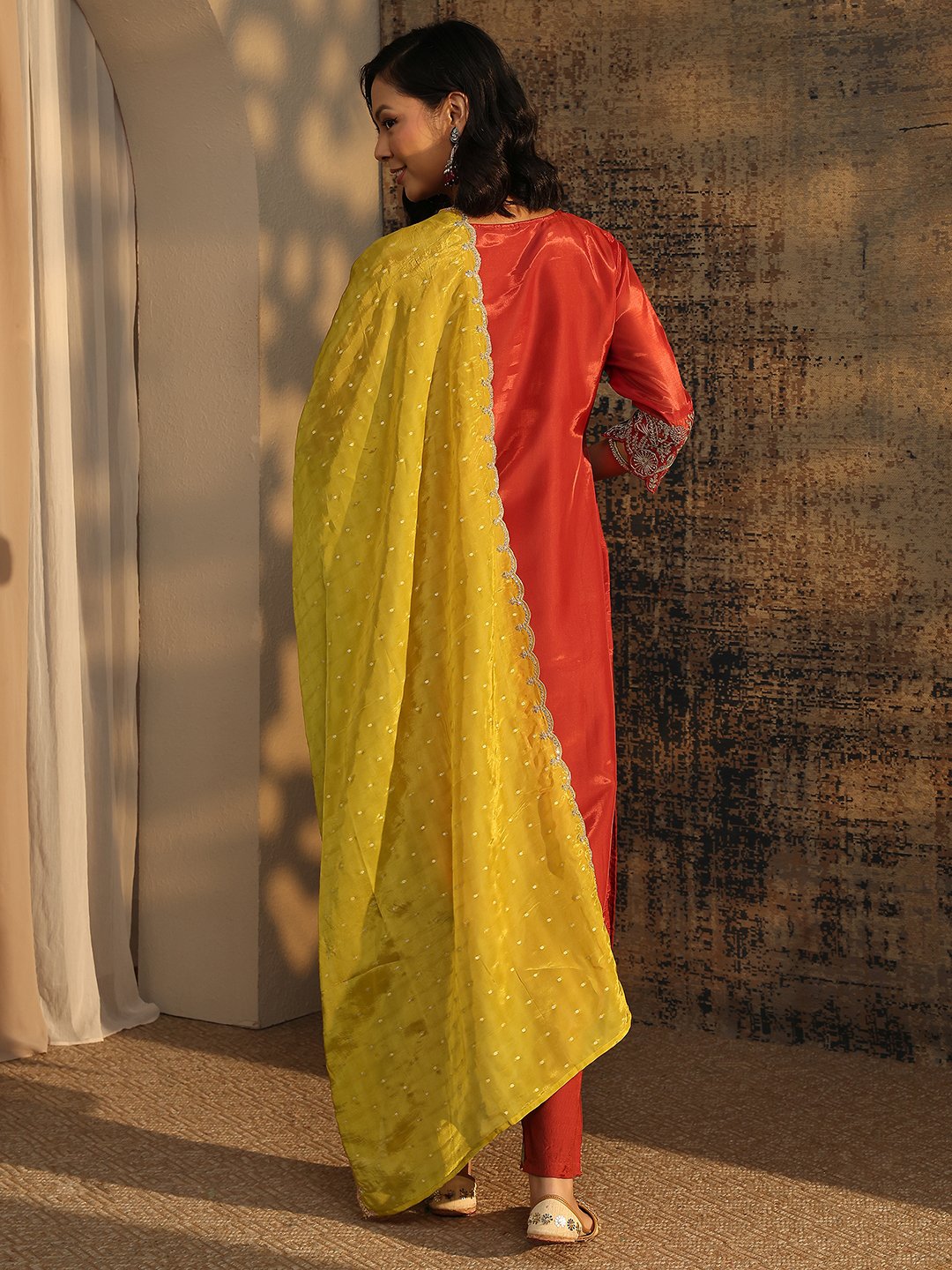 Rust Printed Organza Straight Kurta, Trousers and Dupatta Set