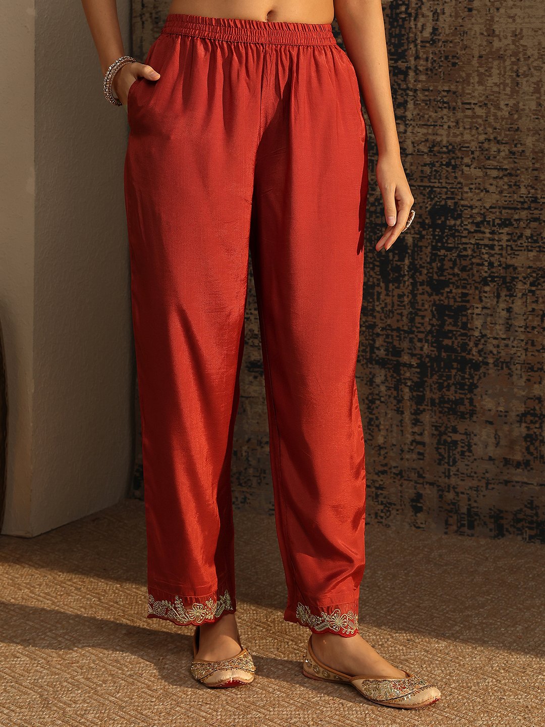 Rust Printed Organza Straight Kurta, Trousers and Dupatta Set