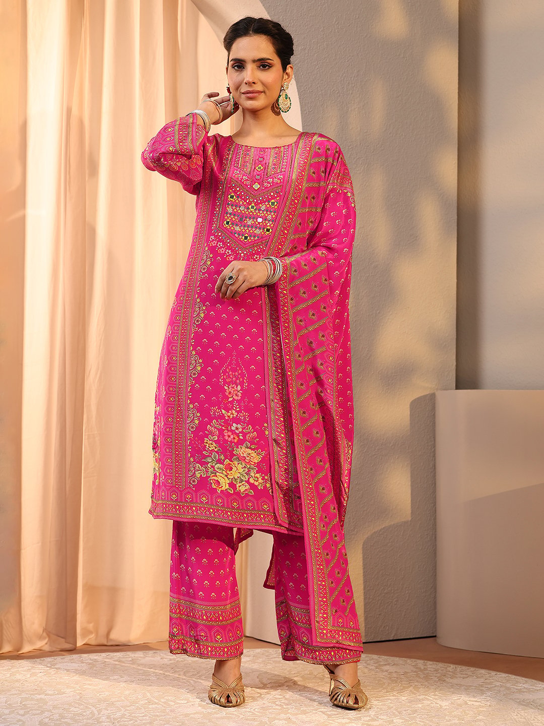Pink Printed Chinon Straight Kurta, Trousers and Dupatta Set