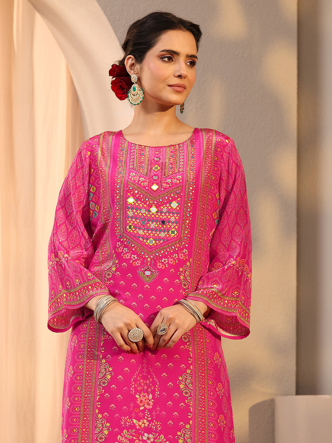 Pink Printed Chinon Straight Kurta, Trousers and Dupatta Set