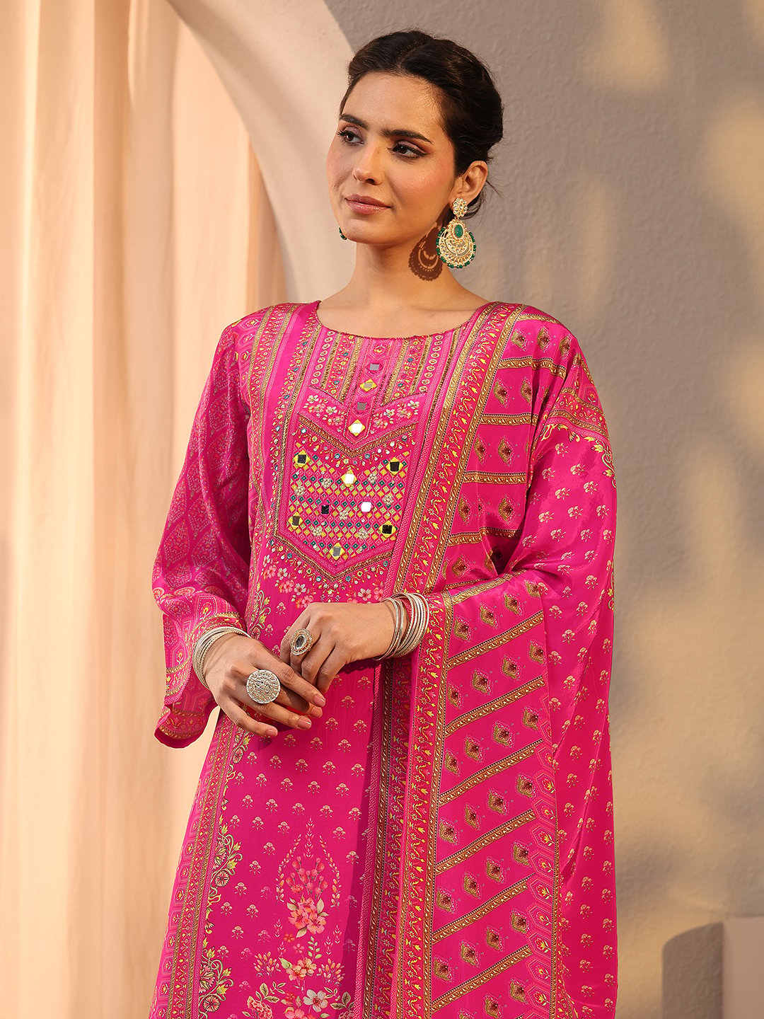 Pink Printed Chinon Straight Kurta, Trousers and Dupatta Set