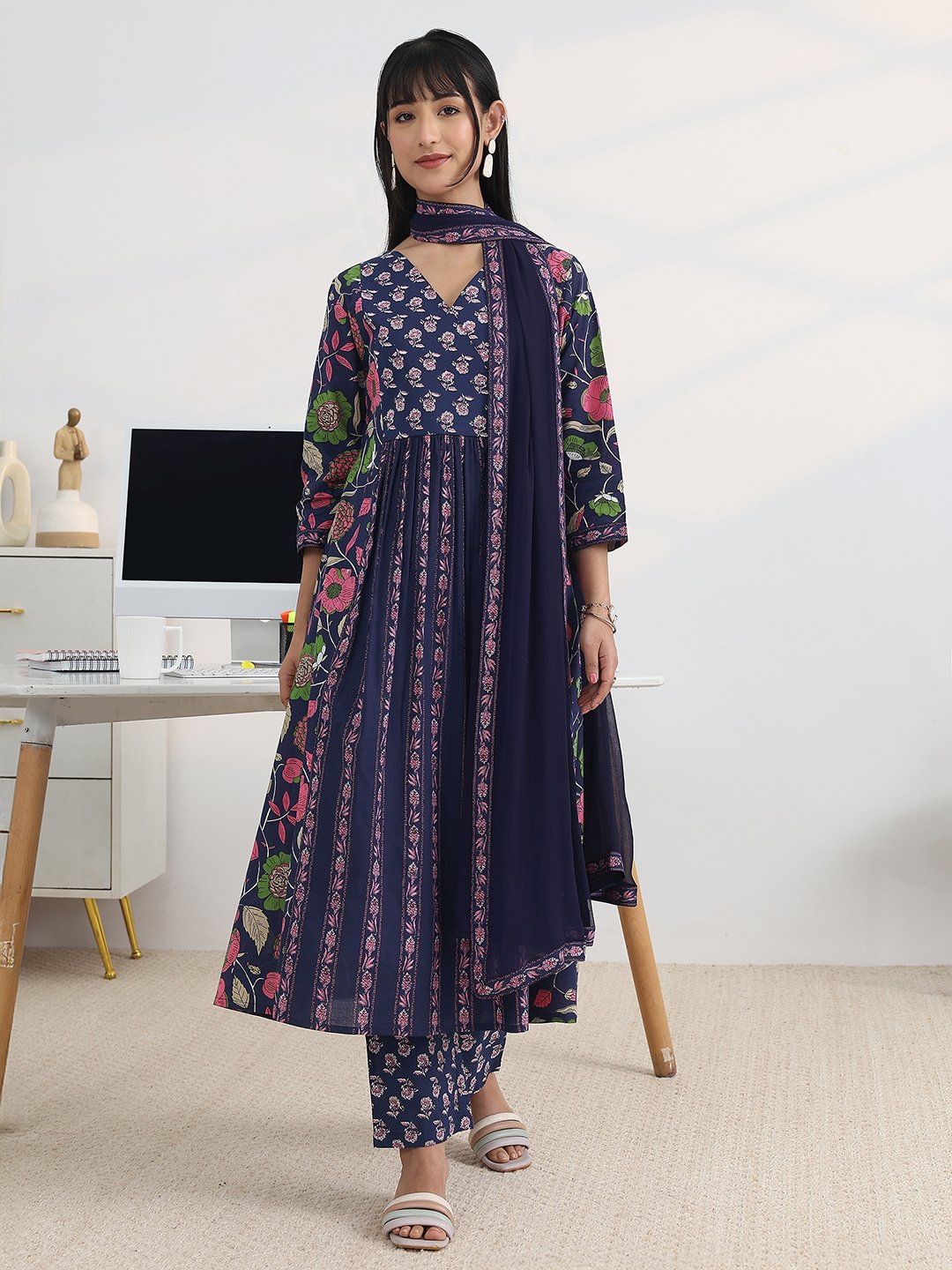 Blue Printed Cotton Blend A-Line Kurta, Trousers and Dupatta Set