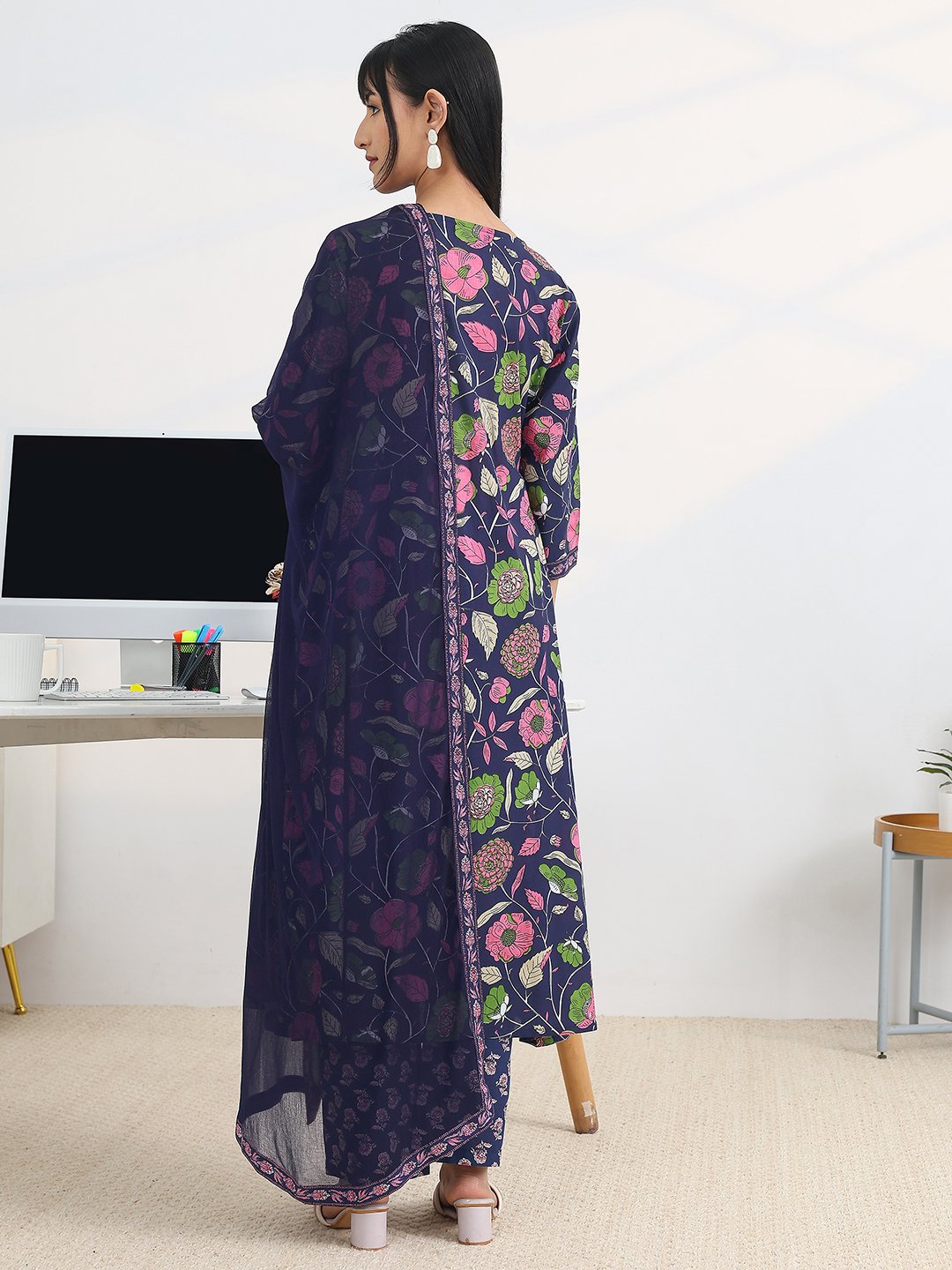Blue Printed Cotton Blend A-Line Kurta, Trousers and Dupatta Set