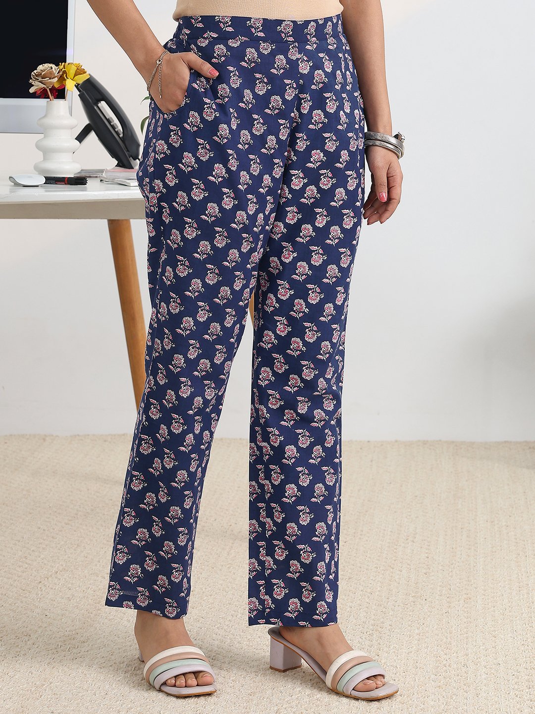 Blue Printed Cotton Blend A-Line Kurta, Trousers and Dupatta Set