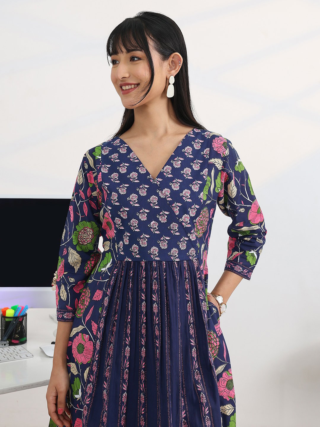 Blue Printed Cotton Blend A-Line Kurta, Trousers and Dupatta Set