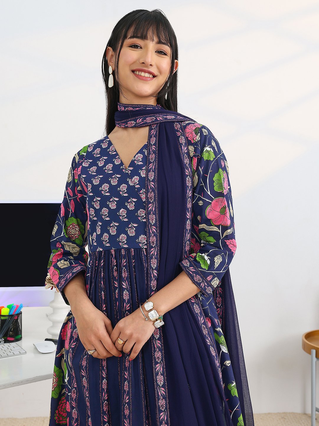 Blue Printed Cotton Blend A-Line Kurta, Trousers and Dupatta Set
