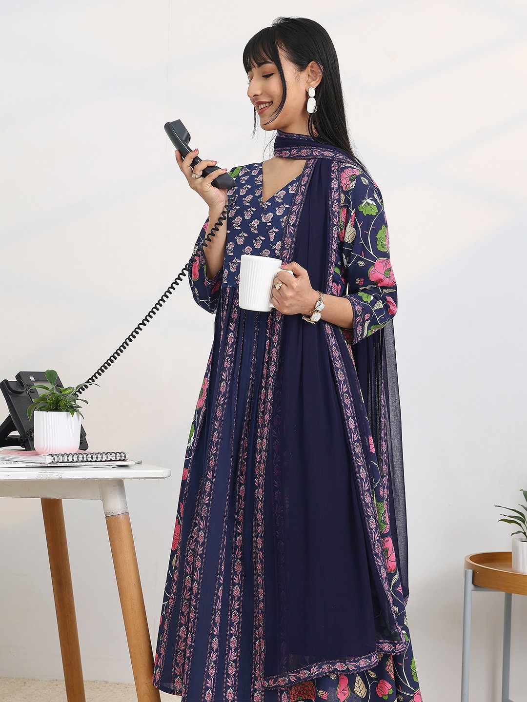 Blue Printed Cotton Blend A-Line Kurta, Trousers and Dupatta Set