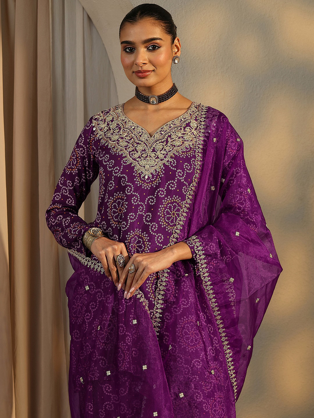 Purple Printed Silk Blend A-Line Kurta, Palazzos and Dupatta Set