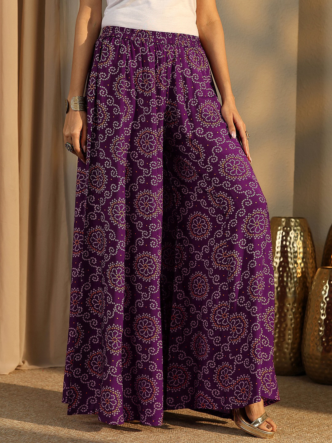 Purple Printed Silk Blend A-Line Kurta, Palazzos and Dupatta Set