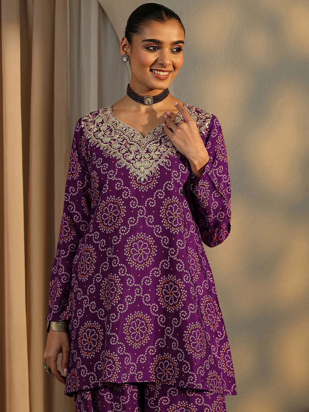 Purple Printed Silk Blend A-Line Kurta, Palazzos and Dupatta Set