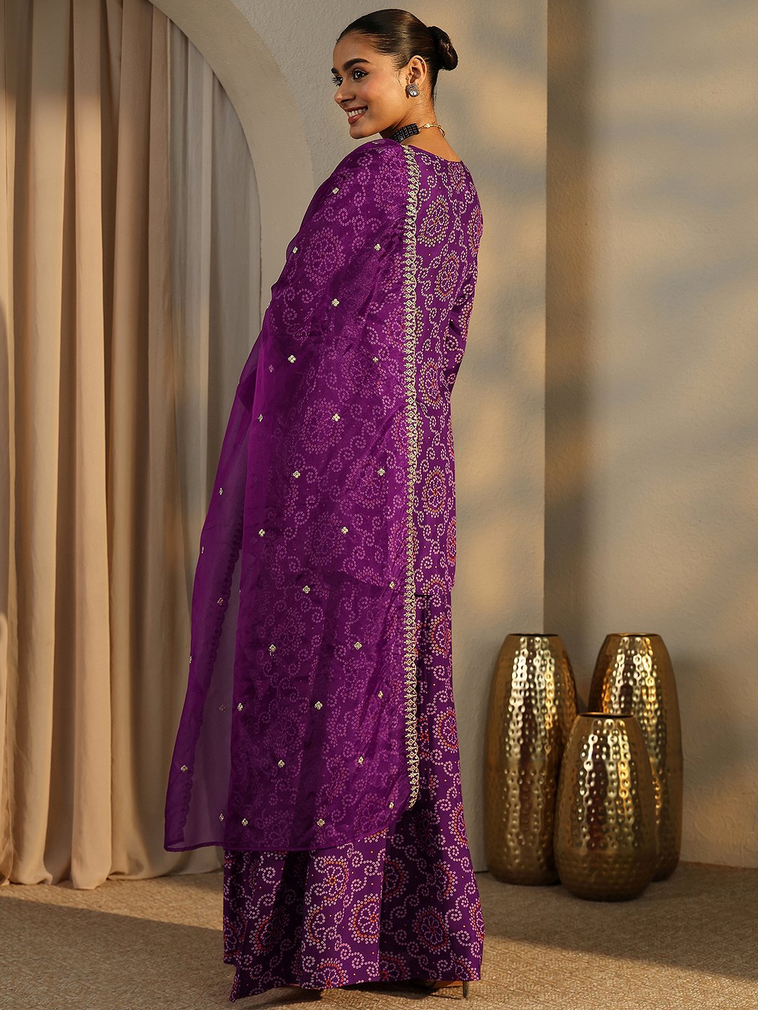 Purple Printed Silk Blend A-Line Kurta, Palazzos and Dupatta Set
