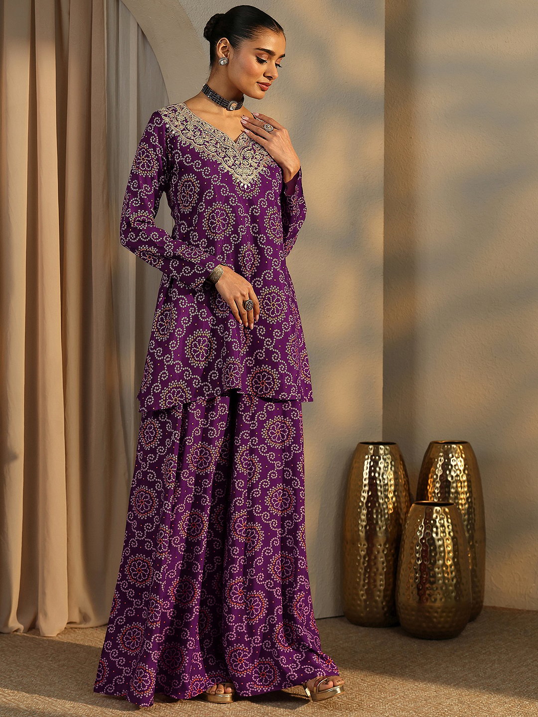 Purple Printed Silk Blend A-Line Kurta, Palazzos and Dupatta Set