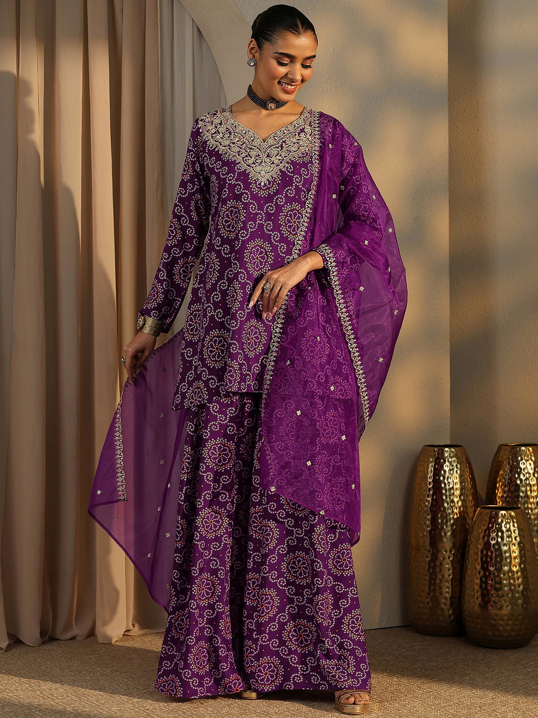 Purple Printed Silk Blend A-Line Kurta, Palazzos and Dupatta Set