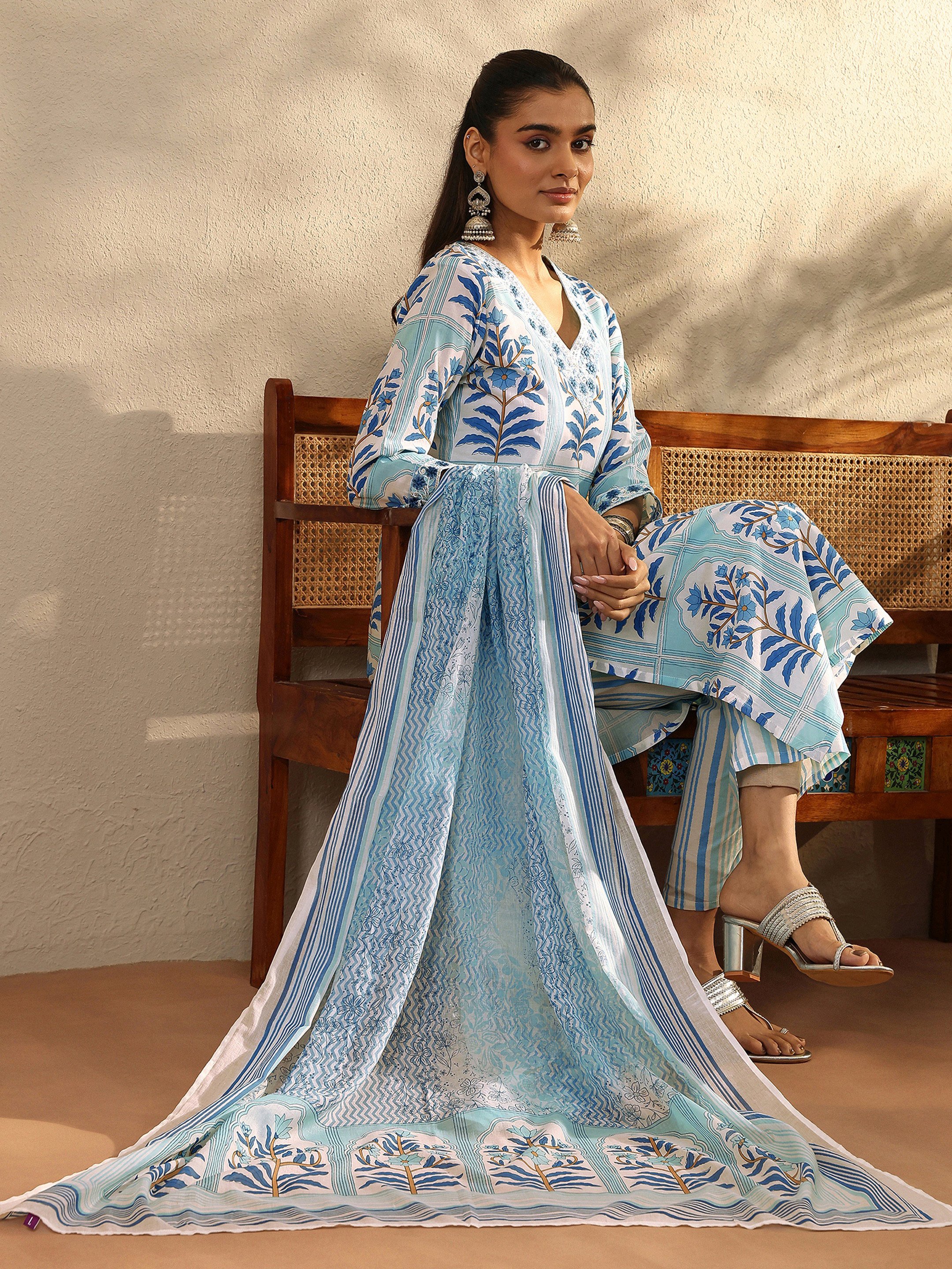 White Printed Cotton Straight Kurta, Trousers and Dupatta Set